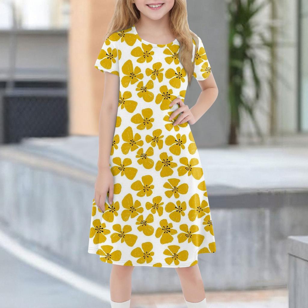 Детское летнее повседневное модное платье с короткими рукавами и круглым вырезом