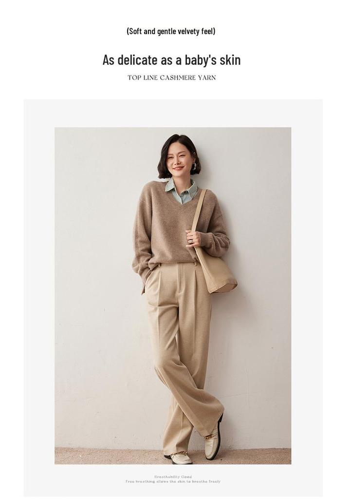 Women's Loose V-Neck Cashmere Sweater - Autumn/Winter 2024 Retro Korean Style Knitwear