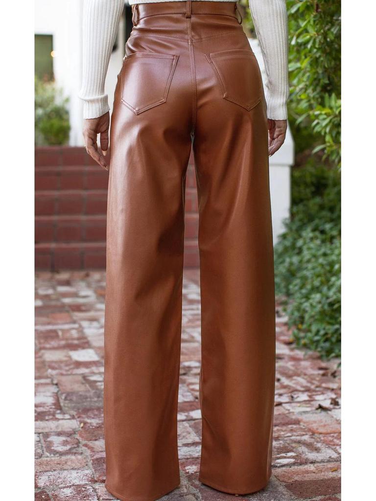 High Waist Women's Retro Leather Pants - Casual Slim Fit, Wide Leg, Autumn/Winter