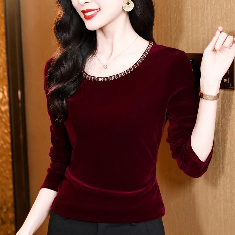 New Velvet Round Neck Long Sleeve Bottom with Fashionable Beaded T-shirt Female Mother Pullover Top