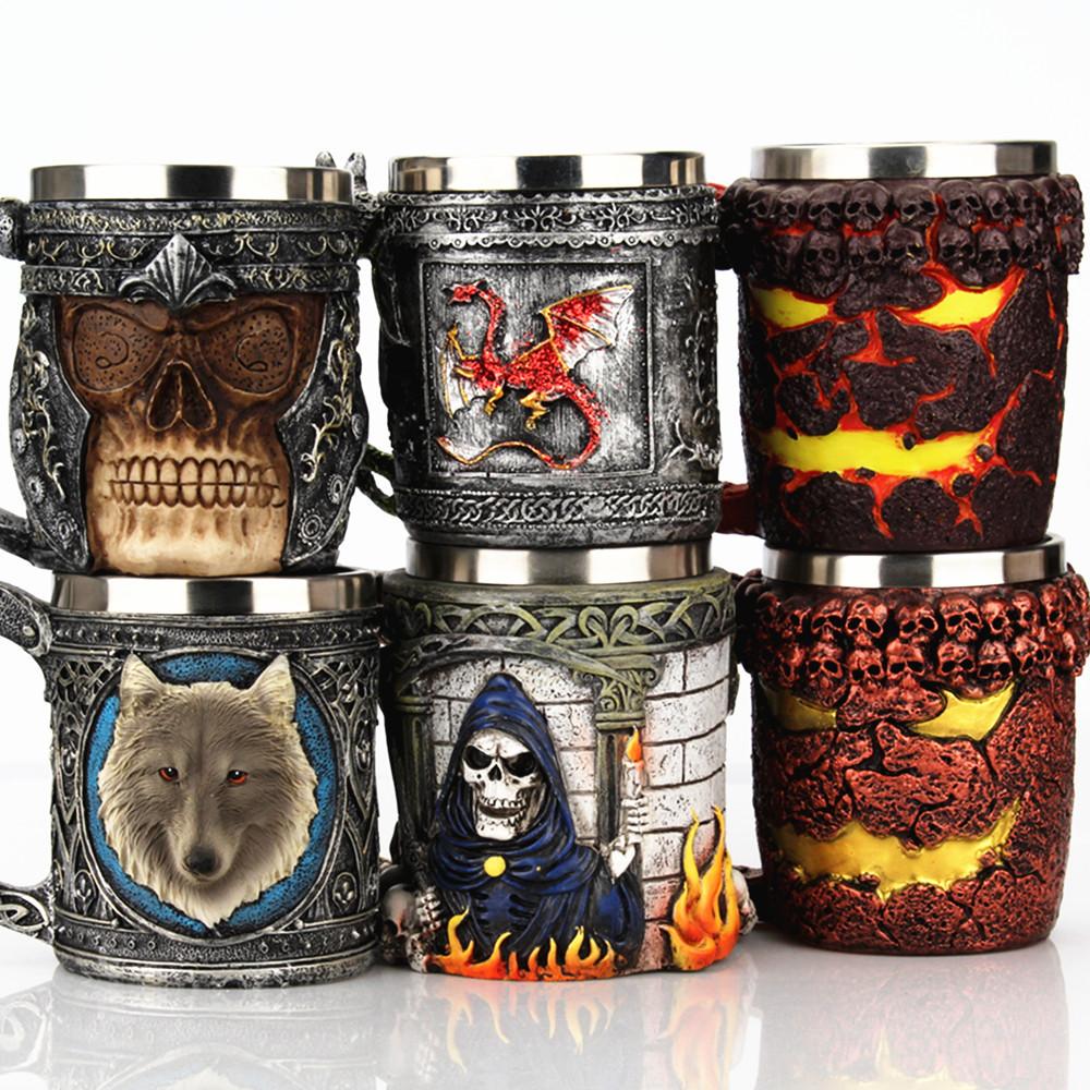 2025 Американская креативная 3D-пивная кружка с черепом пирата, большая емкость для кофе, викинг, нержавеющая сталь, смола, странная чашка для воды, мальчик