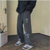 Men's Washed Distressed Cross Jeans - Retro Straight-Leg Casual Pants for Spring and Autumn