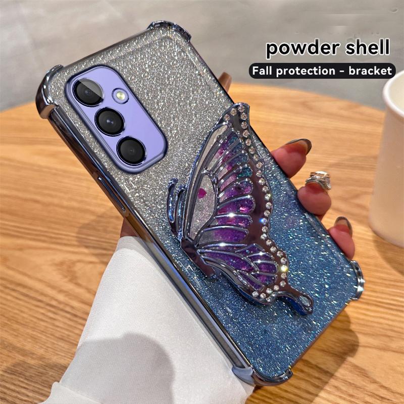 Блестящий чехол-подставка «Бабочка» для телефона Samsung S25 S24 23 S22 S21 Ultra Plus S25 S23 FE A17 A07 A06 A56 A36 A16 A55 A35 A25 A15 A54 A53 A14 A13