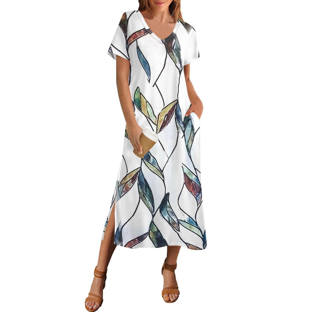 Women's Summer Floral Print Dress Short Sleeve Beach Dress With Pocket Casual V-neck Hem Side Slit Dress
