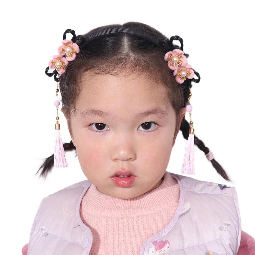 Красный парик ханьфу, повязка на голову с жемчугом, новогодний головной убор, традиционная повязка на голову с цветочной кисточкой для детей