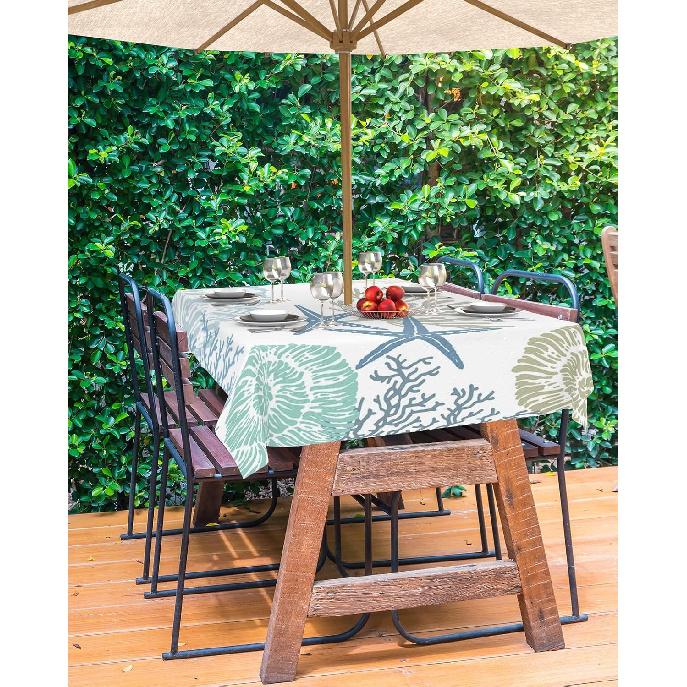 Abstract Marine Coral Outdoor Rectangle Tablecloth Zippered Table Cover with Umbrella Hole,Sea Ocean Starfish Texture Waterproof Table Cloths for