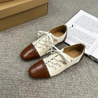 2024 Женская обувь с цветными блоками, квадратным носком, на низком каблуке, удобная дышащая женская обувь со шнуровкой, декоративная весна и осень