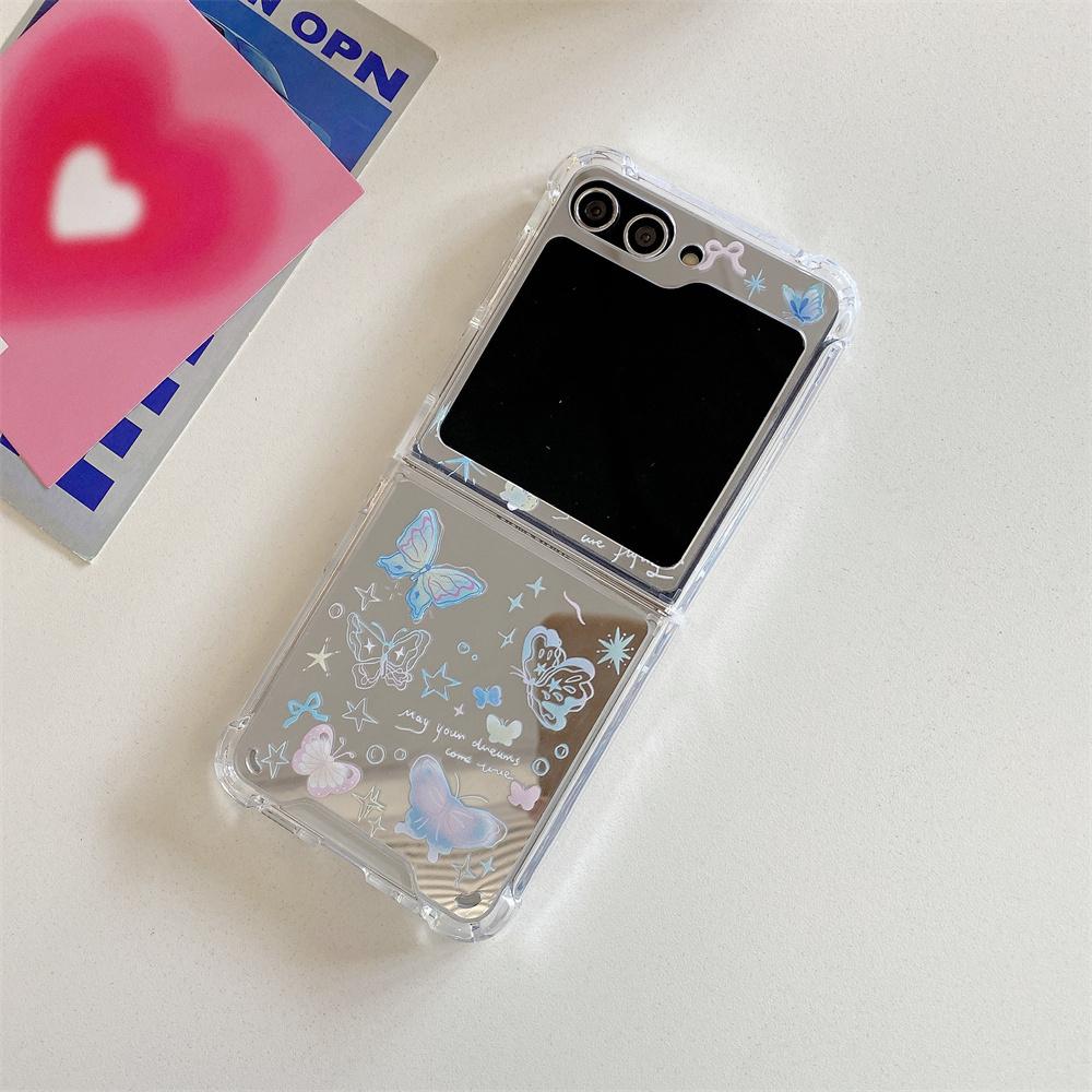 Cute Cartoon Butterfly Bracelet Case for Samsung Galaxy Z Flip 5 4 3 6 Flip5 Flip4 Cat Dog Mirror Make Up Wrist Chain Cover