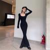 Y2K Sexy Black Dress Women Vintage Wrap Slim Bodycon Long Dresses Party Evening Square Collar Fashion Spring Outfits