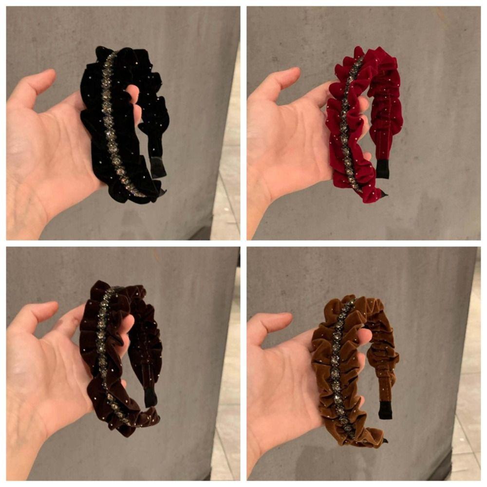 Elegant Shiny Rhinestone Headband Sweet Women Sequin Hairband Velvet Pleated Hair Hoop Female