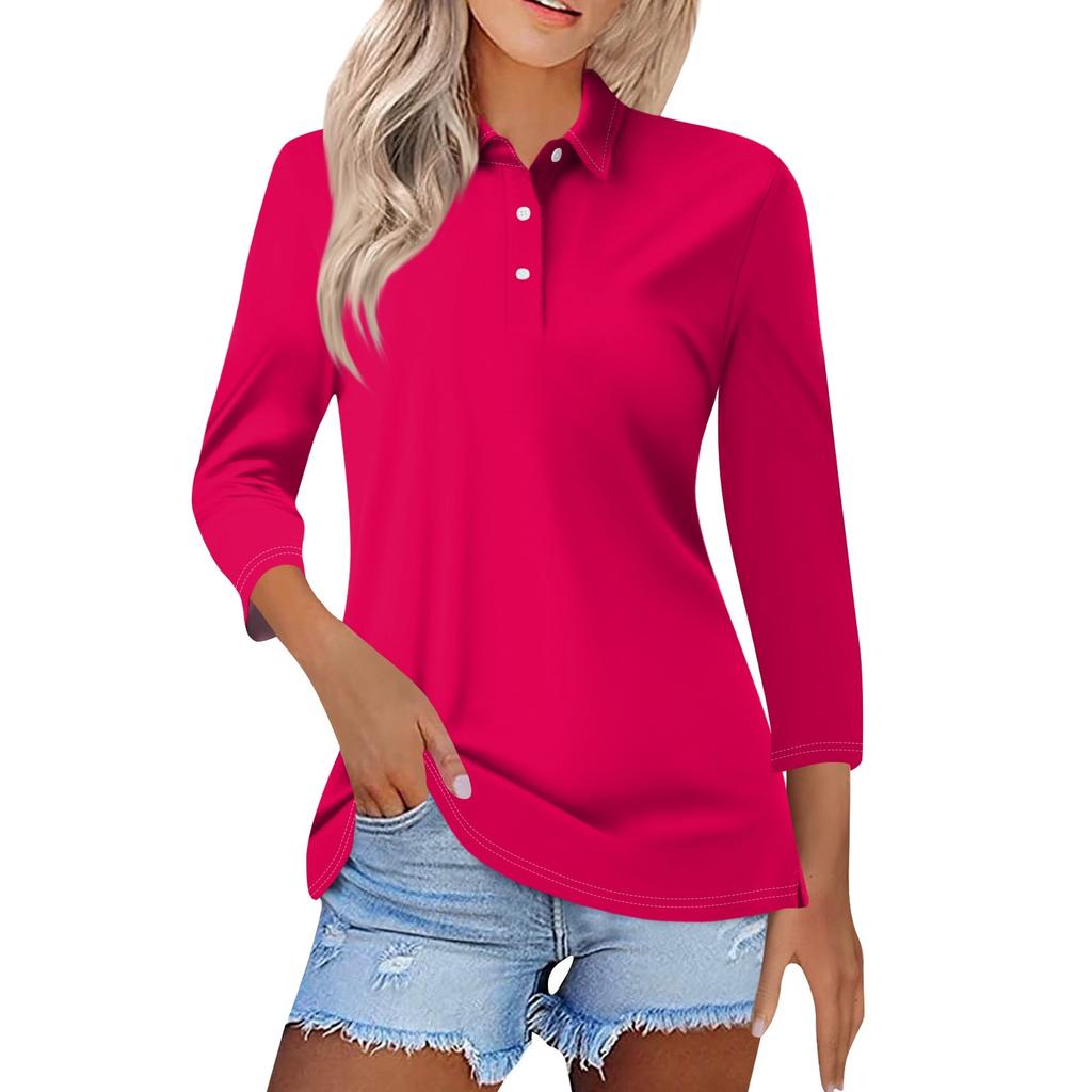 Women's Fashion Casual Lapel Short 3/4 Sleeve Solid Color Shirt Women's Button Up Tops