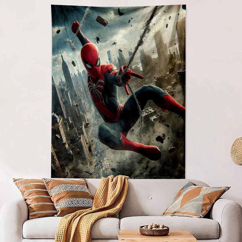 "Superhero Swinging Over City Scene" Patterned Tapestry Decorative Wall Hanging, Home Bedroom Living Room Decor