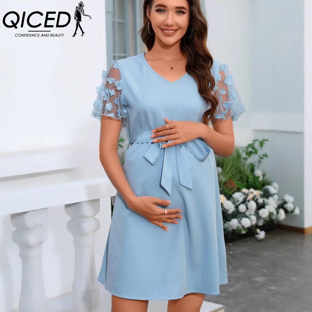 QICED Элегантная кружевная рубашка с короткими рукавами и V-образным вырезом, с приталенным поясом, для беременных женщин
