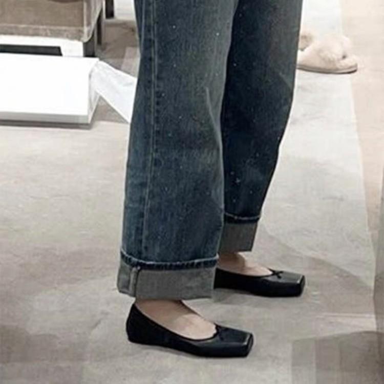 Версия из овчины~ 2025 новая корейская версия туфли Мэри Джейн с квадратным носком, носом-пяточком и бантом, женские на плоской подошве