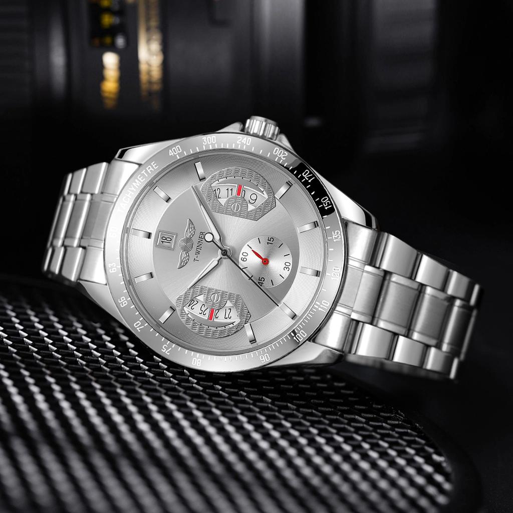 WINNER Спортивные золотые автоматические часы для мужчин, отображение даты, люминесцентные стрелки, ремешок из нержавеющей стали, роскошные механические часы высшего бренда