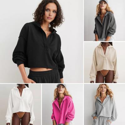 Женский укороченный свитшот свободного кроя с длинным рукавом, V-образным вырезом, худи, повседневный пуловер с капюшоном, укороченный топ для тренировок