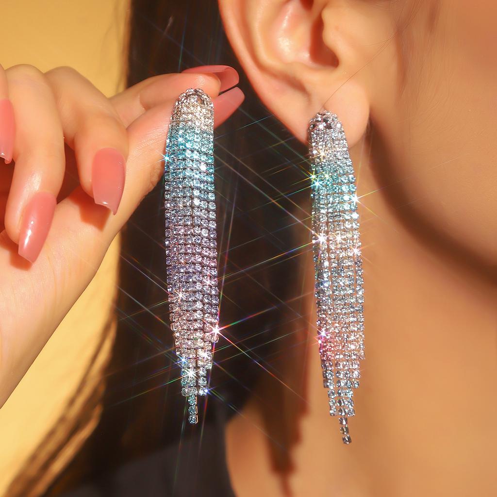 Colored Shiny Rhinestone Long Fringed Earrings
