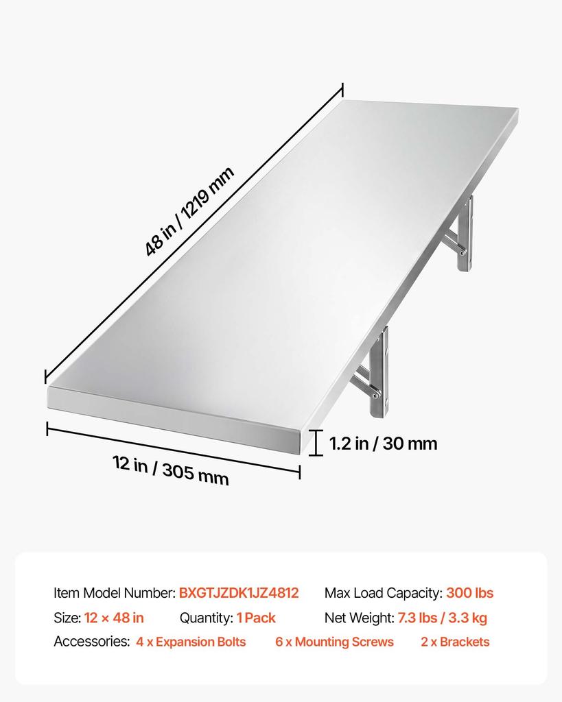 VEVOR Stainless Steel Shelf 305 x 1219 mm Foldable Wall Mount Floating Shelf, Heavy-Duty Commercial Shelves with Brackets, 136 kg Capacity
