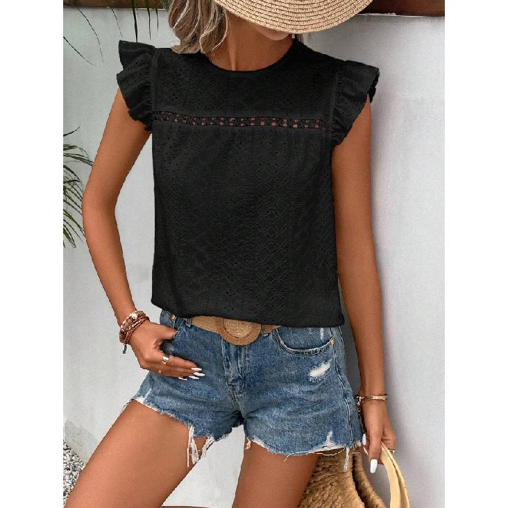 2026 Women's Summer New Round Neck Lace Solid Color Ruffle Short Sleeve Top