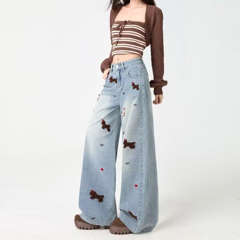 Fashionable puppy embroidered wide-leg jeans women's loose slimming versatile design floor-length pants Cute Dog Embroidered Casual Pants