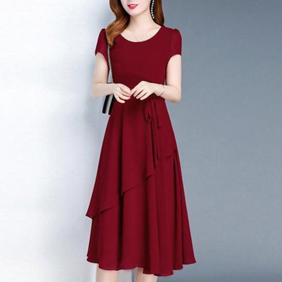 Женское платье миди с круглым вырезом и коротким рукавом, элегантное платье с многослойным подолом и шнуровкой, платье миди трапециевидной формы, уличная одежда