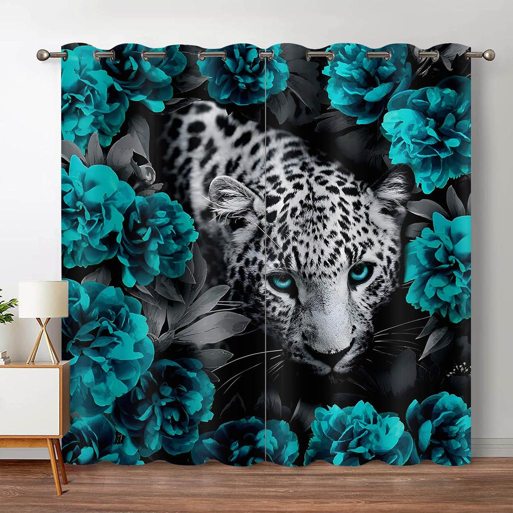 Leopard Flower Window Curtain Living Room Tiger Block Out Curtains For Bedroom Dorm Wild Lion Rose Aesthetic Home Decor 2 Panels