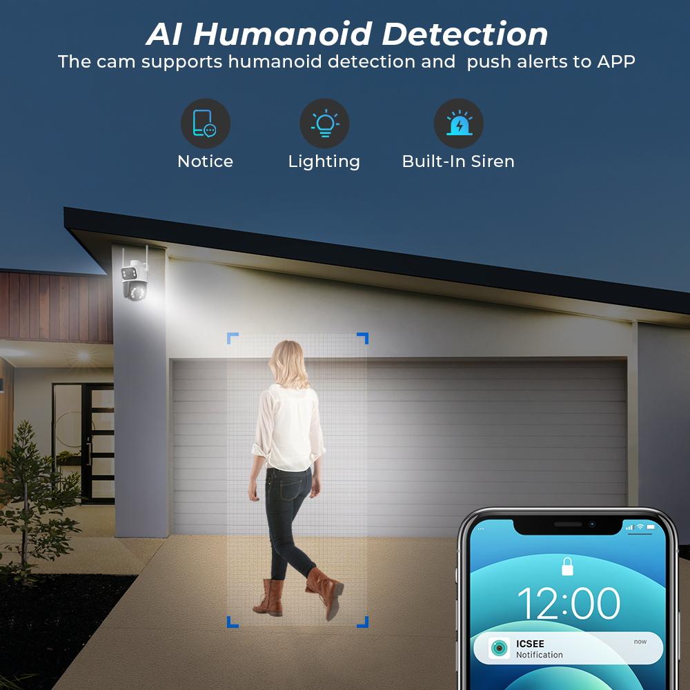 8MP 4K iCSee Wi-Fi камера уличная двойная линза двойной экран AI обнаружение человека автоматическое отслеживание защита IP Wi-Fi наблюдение
