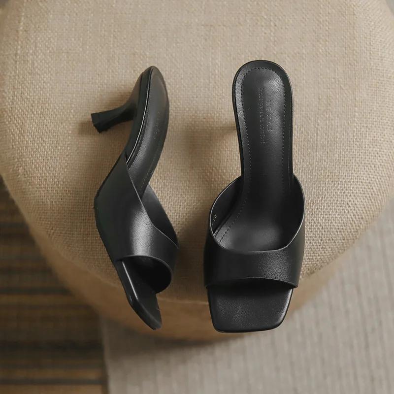 Fashion Bout carré talon haut été en cuir balle série sandales à talons aiguilles pantoufles pour femmes