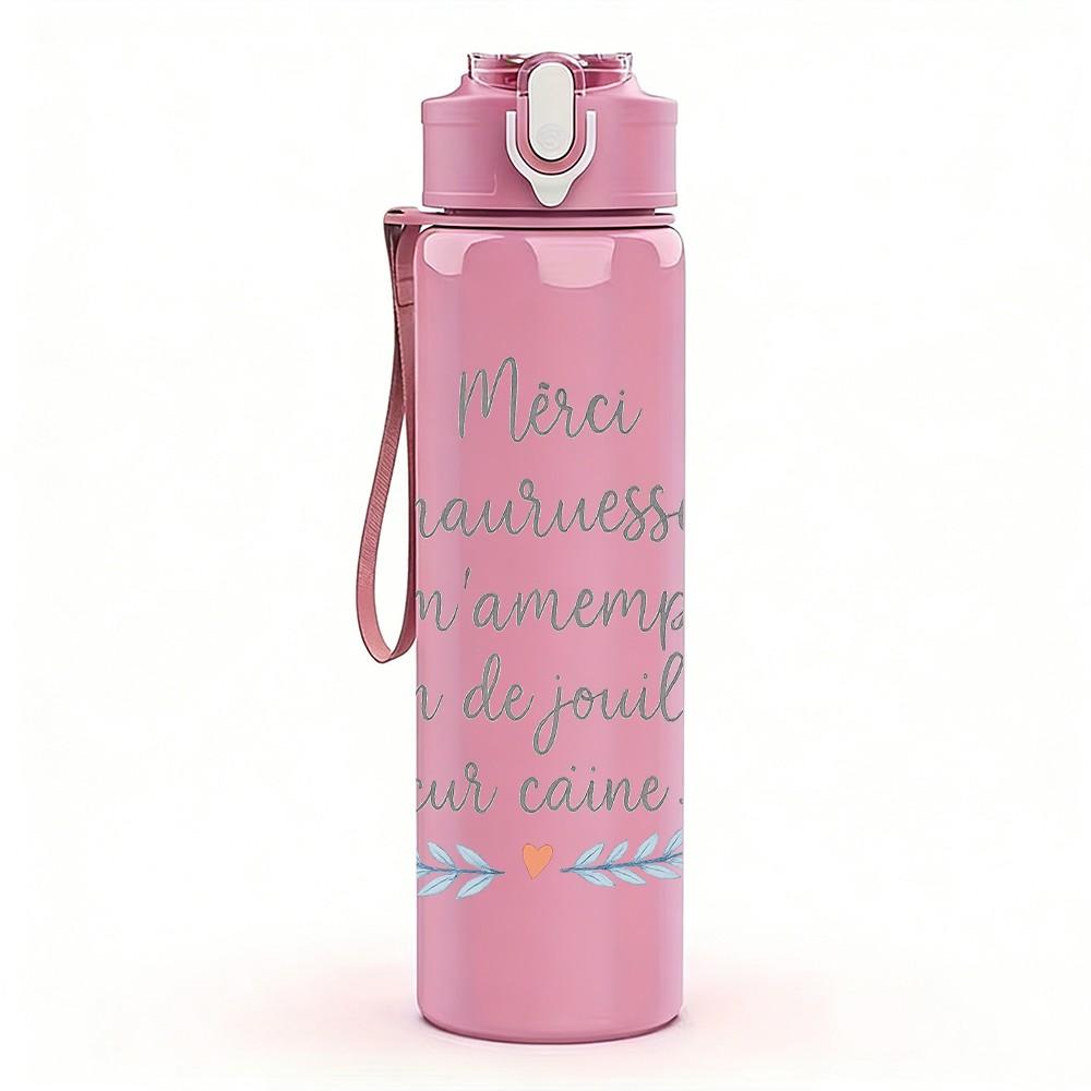 1PC French Romantic Quote Floral 750ml Color Plastic Sports Water Bottle Leakproof Flip Straw Lid Suitable for Sports Office Home Use