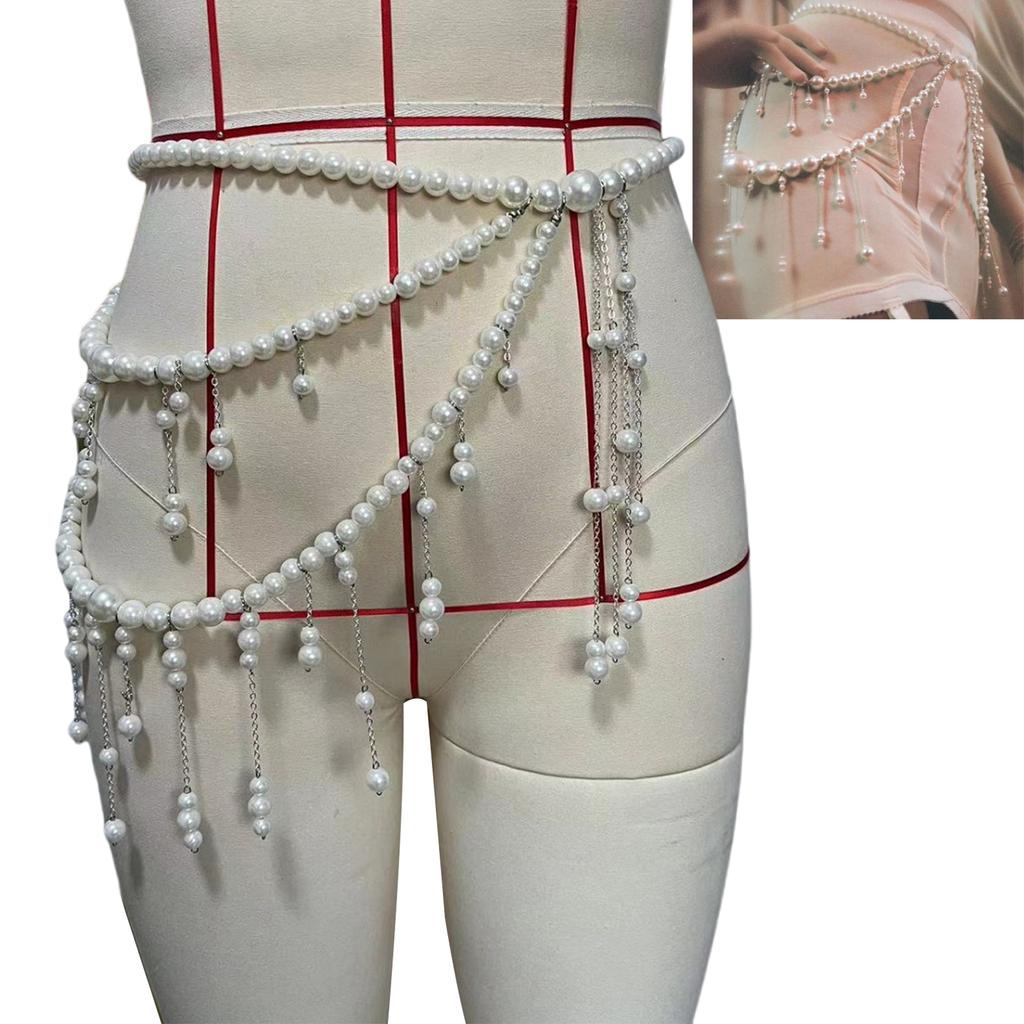 Multilayer Long Imitation Pearls Waist Chain Belt with Tassel Women Elegant Body Chain Accessory for Dresses and Sweater