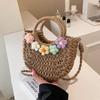 Yogodlns Соломенная сумка женская сумка ручной работы в форме луны с кружевным бантом, сумка из ротанга, большая вместительная повседневная пляжная сумка через плечо на шнурке