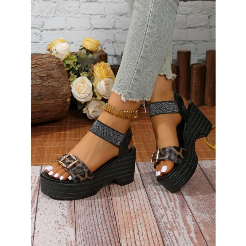 Леопардовый Высокий Каблук Модные Босоножки Женские Летние Большие Размеры Женские Толстые Босоножки