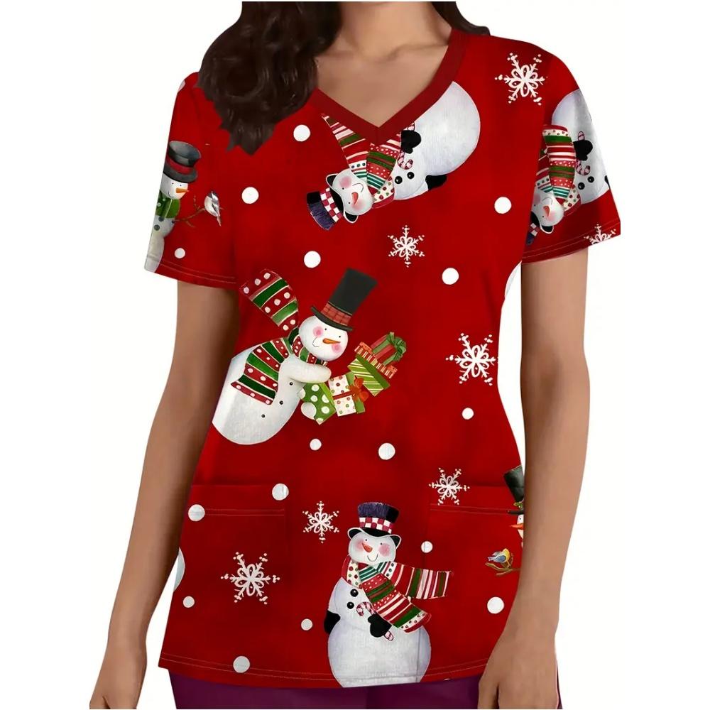Surgical Uniforms Woman Christmas Snowflake Print Top Summer Short Sleeve with Pockets Snowman Pattern Veterinarian Scrubs Woman
