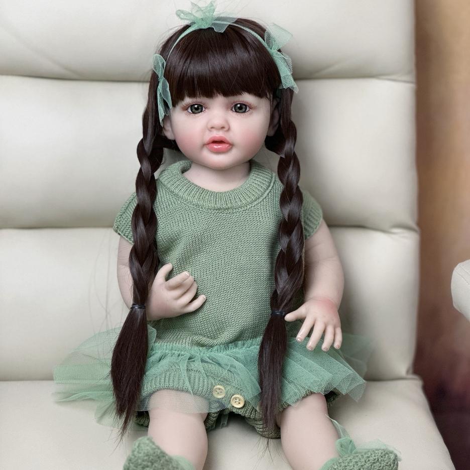 Кукла Reborn для маленьких девочек, полностью силиконовый корпус, 55 см, 22 дюйма, реалистичная, реалистичная игрушка-принцесса для малышей Bebe, с коричневыми длинными волосами