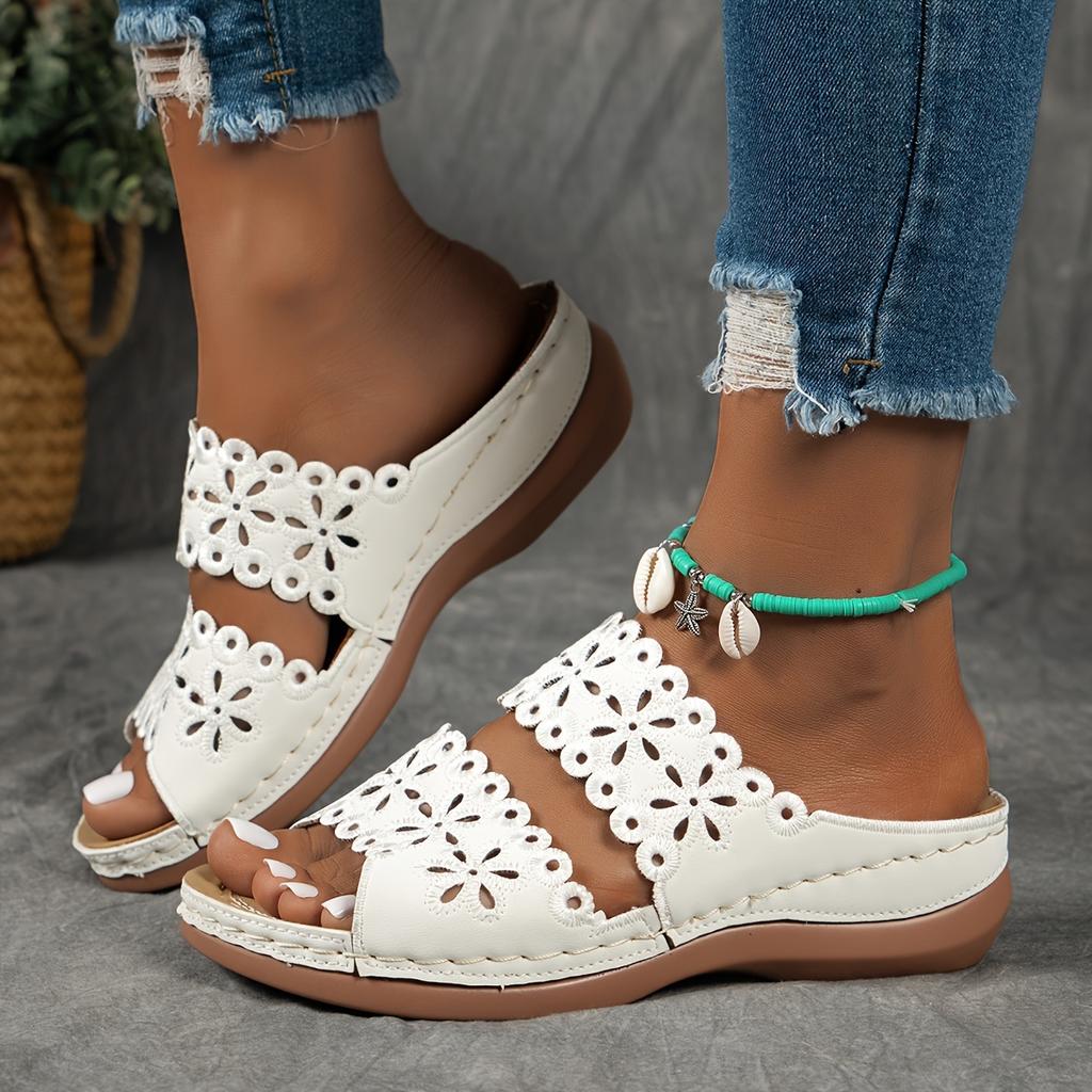 Women's Summer Sandals, Floral Cut-Out Design, Artificial Leather Slides, Casual Comfort Footwear, Non-Slip Sole