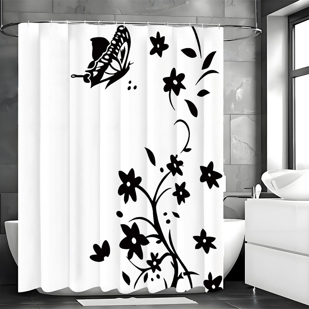 Black and White Floral Butterfly Shower Curtain, Bathroom Decorative Shower Curtain, Waterproof Shower Curtain with Hooks