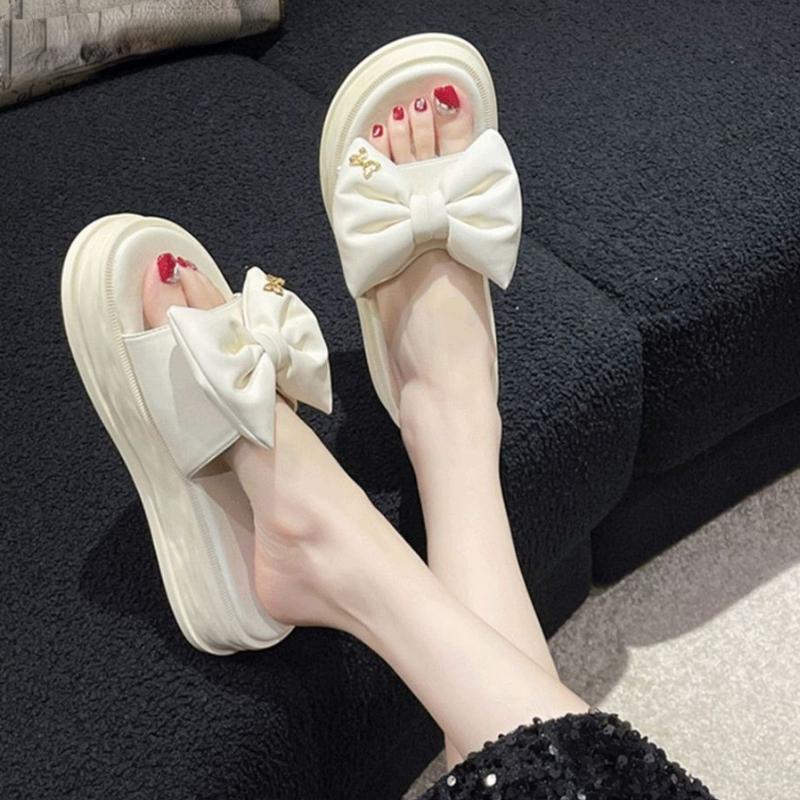 Модные, универсальные и стильные тапочки 2024 года, новая модель из мягкой кожи с толстой подошвой, универсальные, с бантом, для ношения на пляже и каждый день.