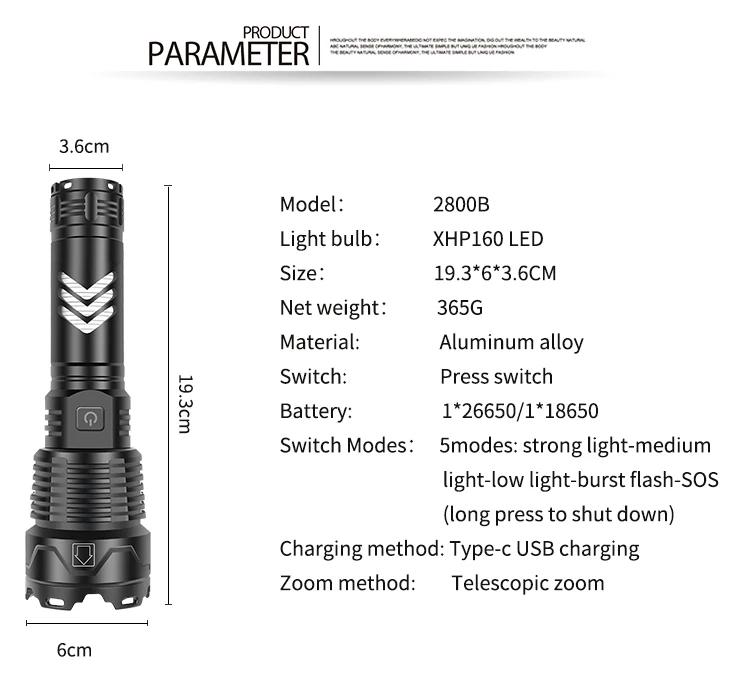 XHP160 Light Flashlight High Power Aluminum Alloy USB Rechargeable with Lantern Super Bright  Waterproof Outdoor Strong