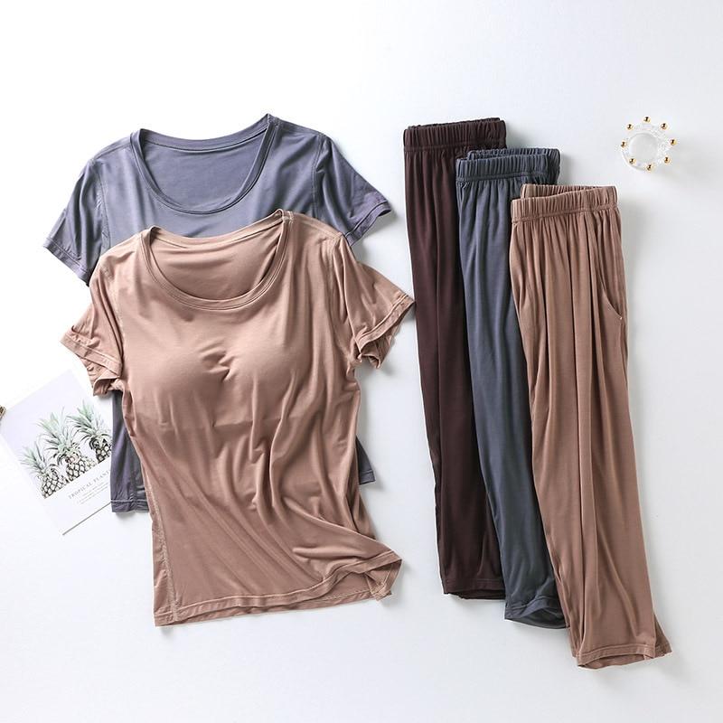 Women's Spring and Summer Thin Round Neck with Bra Pads Solid Colour Short Sleeved + Casual Seven Trousers Homewear Two Piece Set