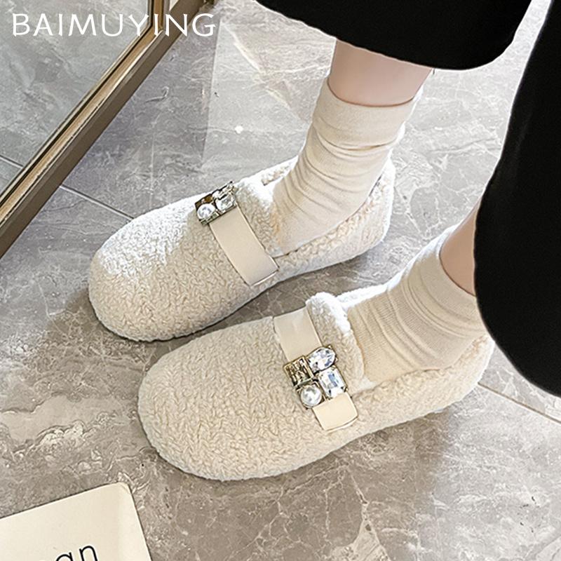 Меховые балетки женские мокасины обувь бисер кристалл дизайнерская повседневная обувь 2025 тренд короткие плюшевые зимние хлопковые сапоги теплые женские ботинки