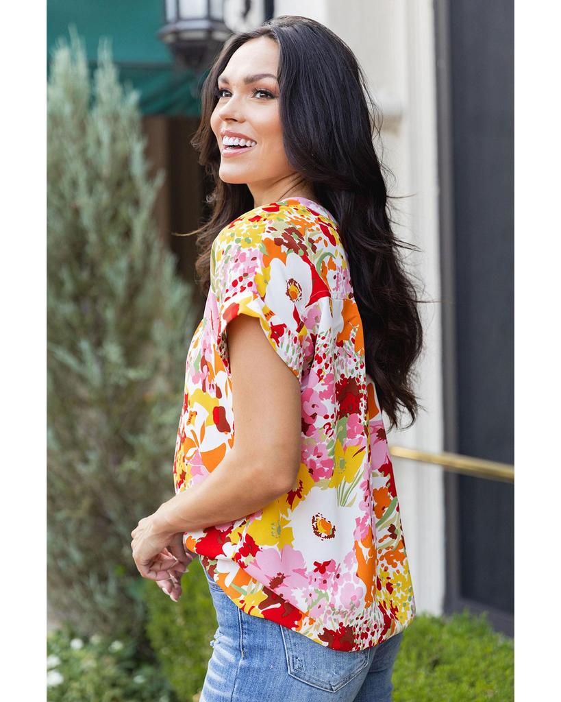 Azura Exchange Топ с V-образным вырезом и короткими рукавами с цветочным принтом