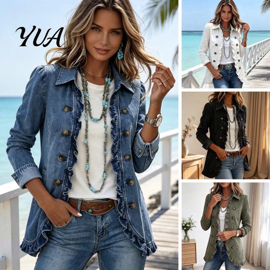 Turndown Collar Jackets Women Bohemia Floral Jacket, Ruffled Open Front Coat, Double Row Button Outerwear Slim Fit Casual Long Sleeve Outwear for Fall