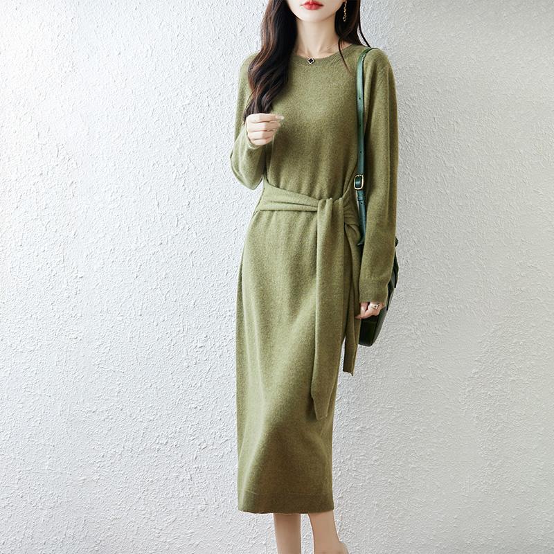 Women Sweater Dress 100% Wool TIDENOVEL O-neck Knit Long Pullover Winter Jumpers Wool Long Dress Female