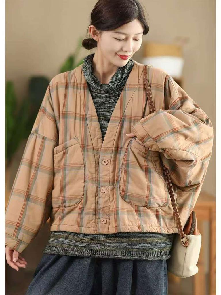 Johnature Женское зимнее винтажное плетеное пальто с V-образным вырезом в китайском стиле с большими карманами и длинными рукавами, модное пальто