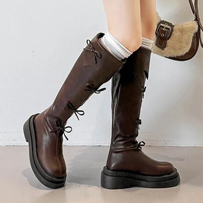 Ботинки на платформе с бантом Женские балетки Сапоги до колена Элегантные дизайнерские мотоциклетные зимние сапоги Новые нарядные Уютные Mujer Botas