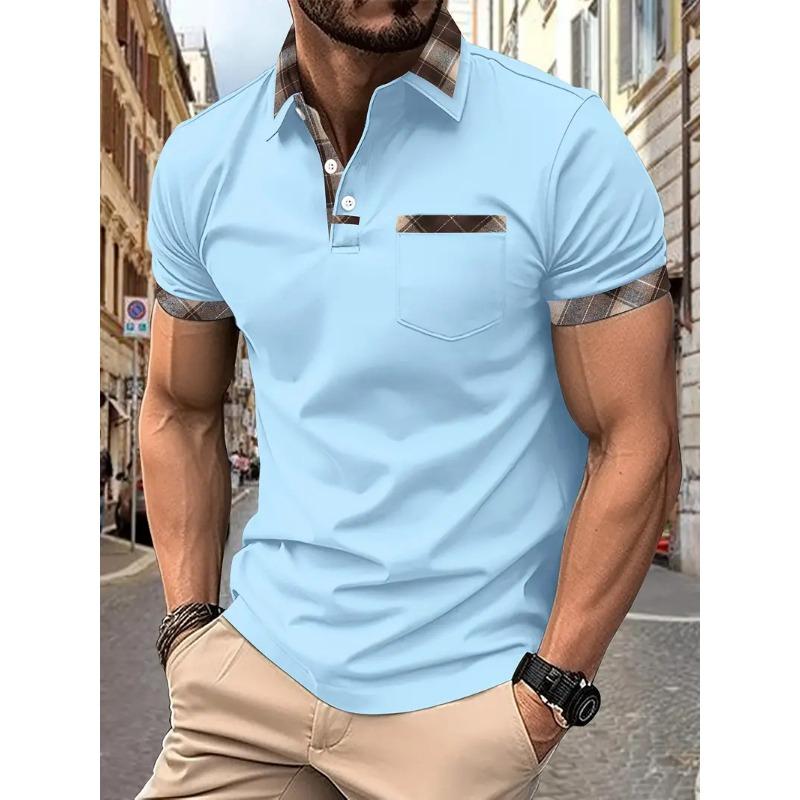 Мужская повседневная рубашка поло с нагрудным карманом, лацканами, пуговицами, деловая универсальная футболка с цветными блоками, рубашки поло с коротким рукавом для мужчин