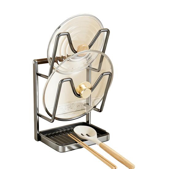 Yousheng Kitchen Pot Lid Storage Rack Carbon Steel Pot Lid Holder While Cooking Pot Lid Stand with Spoon Rest Removable Drip Tray for Countertop Pan