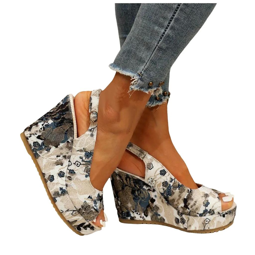 Women Fashion Thick Heel Sandals Wedge Platform Sandals Fish Mouth Print High Heel Women'S Sandals Shallow Cut Shoes Woman 2024