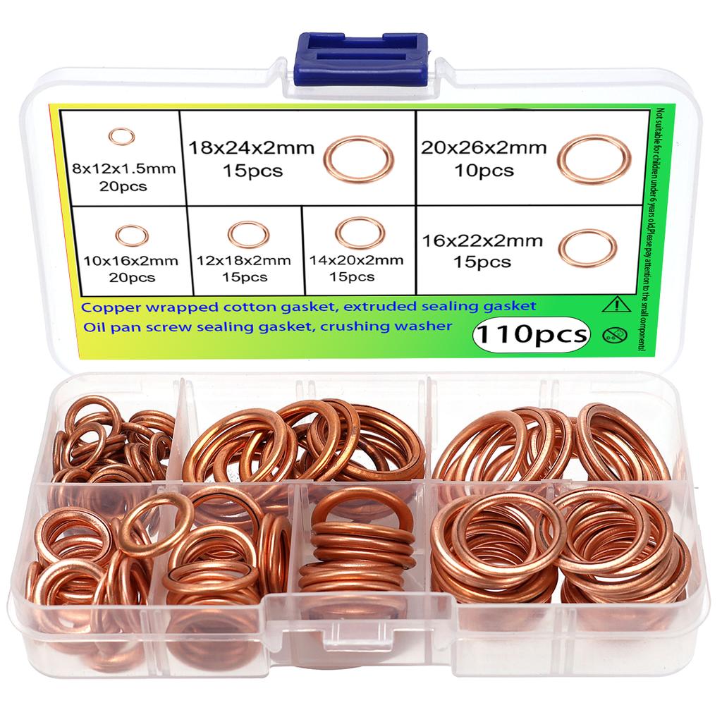 110pcs copper-clad cotton gaskets, compression sealing gaskets, suitable for automotive oil drain plugs and compression washers.