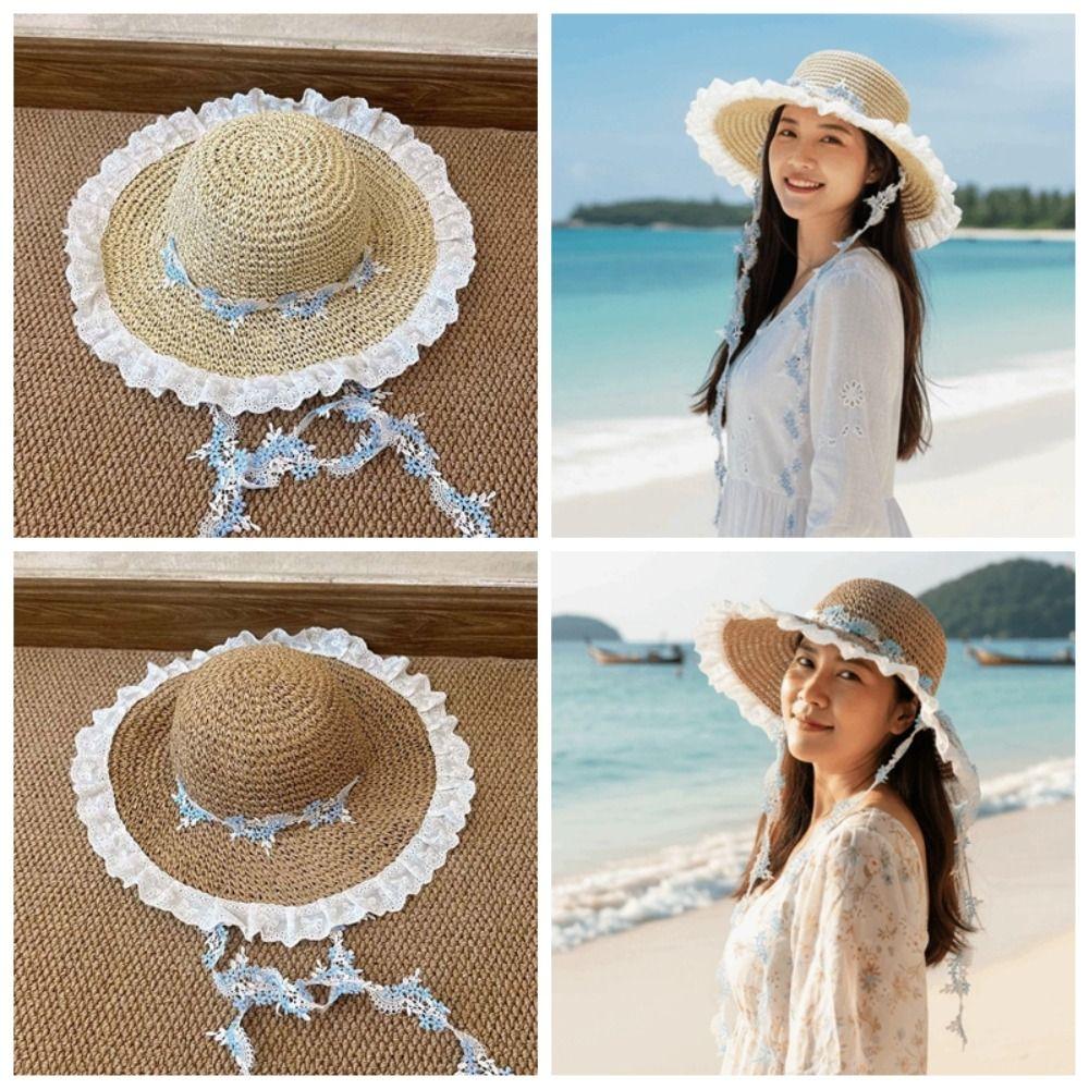 Breathable Vacation Beach Cap with Garland Woven Sun Cap Big Brimmed Straw Hat Masquerade